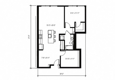 Floor plan for 1 bed, 1 bath, 935 sqft
